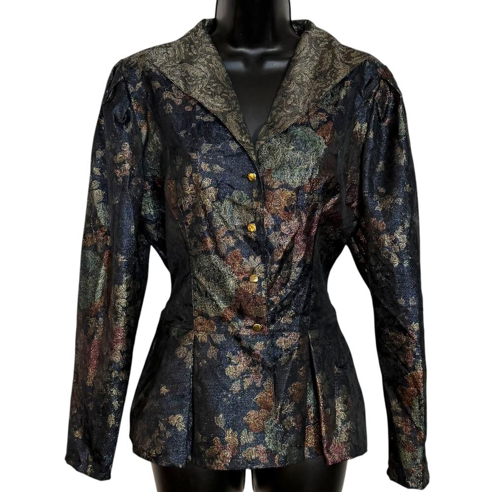 Vtg 80s Wolen Schläger Lurex Brocade Jacket M Peplum Tapestry Floral Baroque